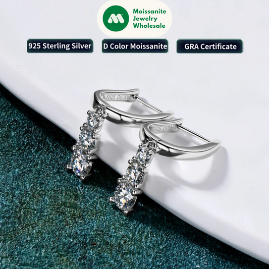 Three Stone Trilogy Clip Earrings 925 Sterling Silver 1.8CTW. Moissanite Pendant Earrings for Women Wedding Jewelry Gifts