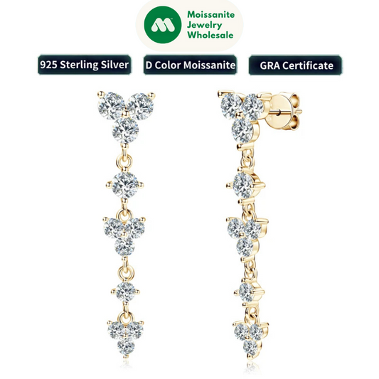 Real 925 Silver 4mm D Color Moissanite Long Drop Earrings Piercing Studs Wedding Party Fine Jewelry for Women 2024 Trend Gift