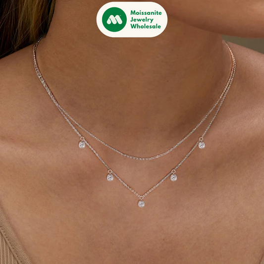 Double Layers 4mm Bezel Moissanite Pendant Necklace Silver 925 Chain for Women Certified Wedding Anniversary Jewelry Gift