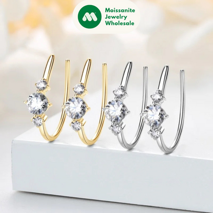 U shaped 3 Stone D0.72CT Moissanite Earrings Silver 925 Piercing Open Hoop Earrings for Women Certified Wedding Jewelry