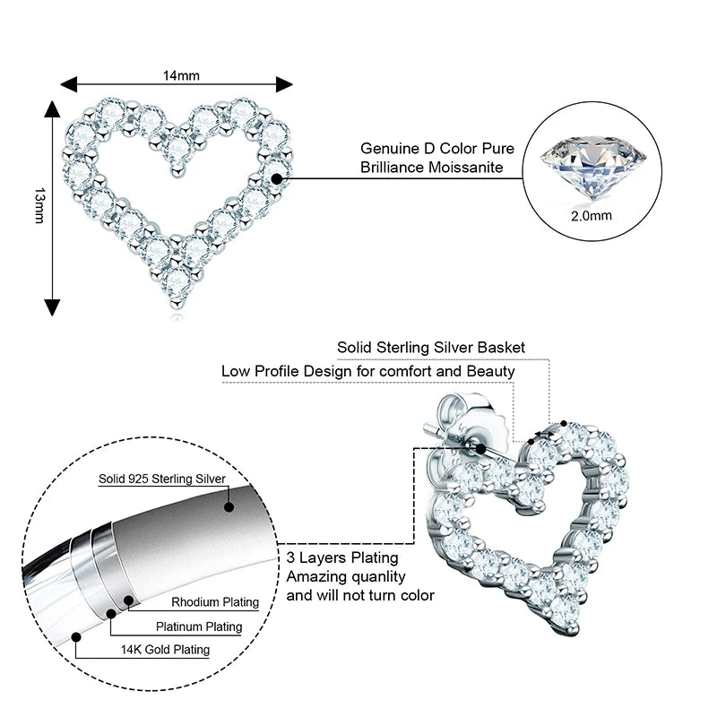 D Color Moissanite Love Heart Jewelry Sets for Women 925 Silver Stud Earrings Pendant Necklace 2 In 1 Set Anniversary Gift