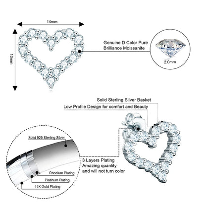 D Color Moissanite Love Heart Jewelry Sets for Women 925 Silver Stud Earrings Pendant Necklace 2 In 1 Set Anniversary Gift