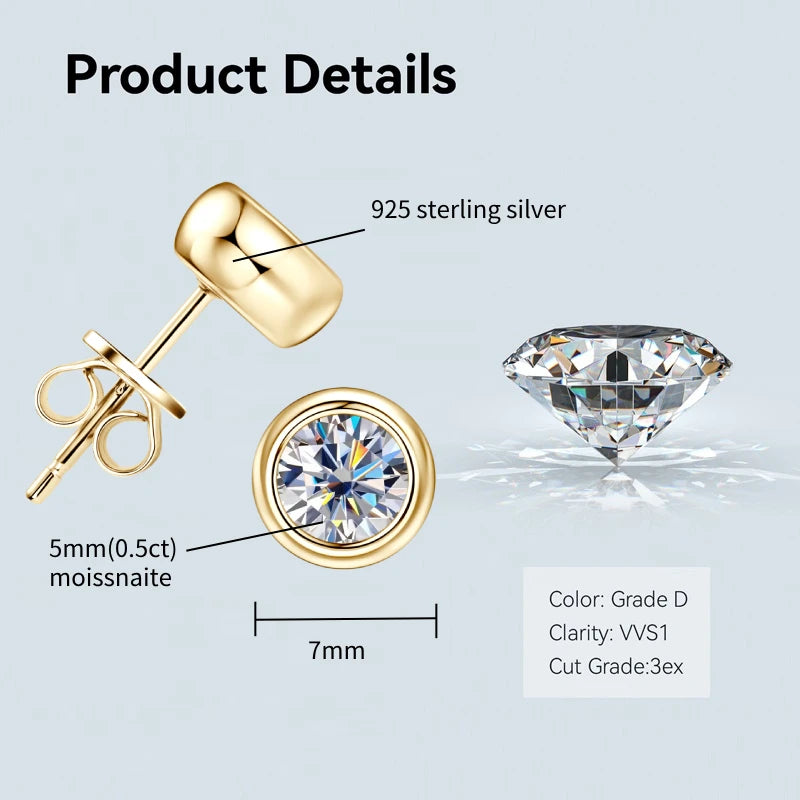 Bezel 5mm 6.5mm 1CT D Color Moissanite Earrings 925 Sterling Silver Plated K Gold Earrings for Men Women Gift Valentine's