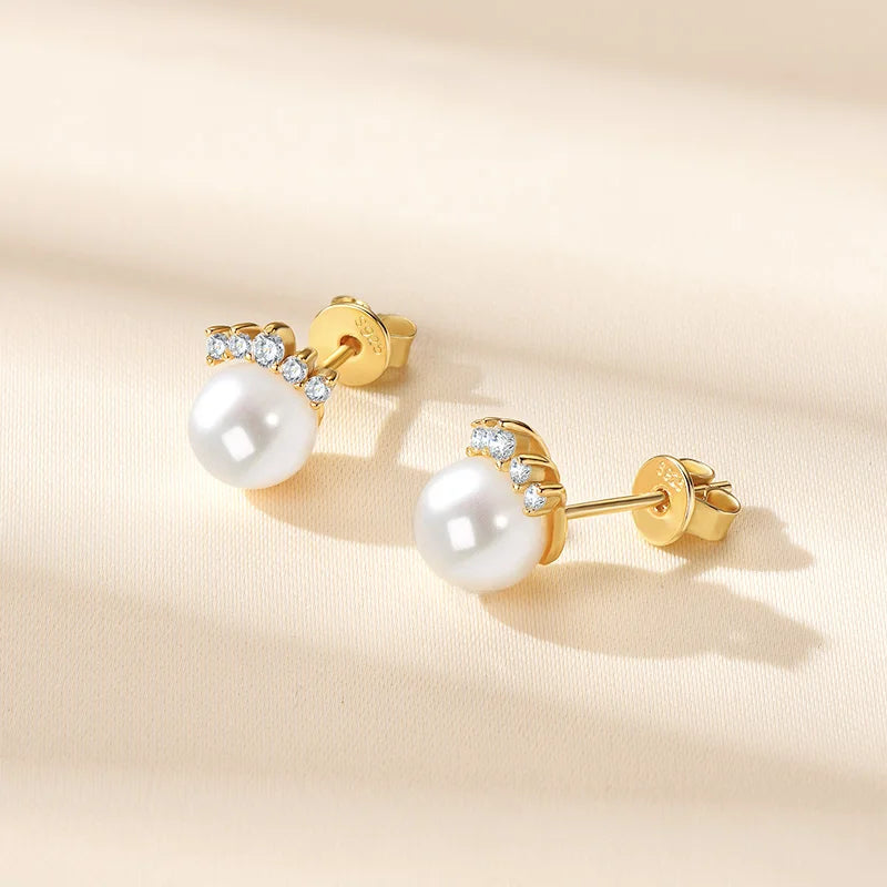 100% S925 Sterling Silver 7.5-8mm Natural Freshwater White Pearl Crown Piercing Stud Earrings for Women Fine Jewel Gifts