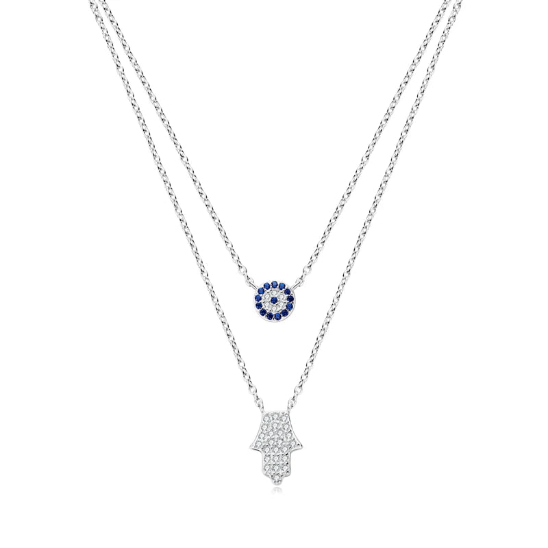 Devil's Eye & Fatima Hamsa Hand Pendant Double Chain Necklace Silver 925 Zircon Boho Protection Choker Women Charm Jewelry
