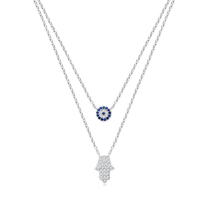 Devil's Eye & Fatima Hamsa Hand Pendant Double Chain Necklace Silver 925 Zircon Boho Protection Choker Women Charm Jewelry