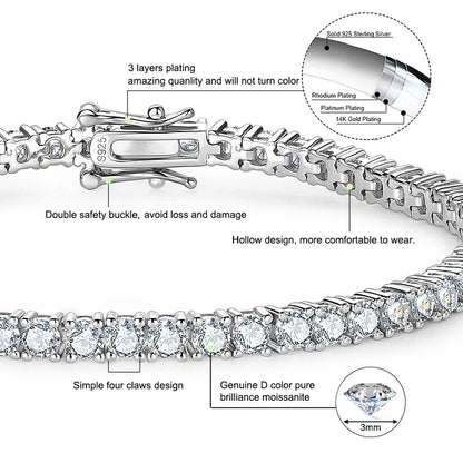 3mm 5mm D VVS1 Moissanite Tennis Bracelet Plated 18k White Gold s925 Sterling Silver Bracelets for Couples Women Man & GRA