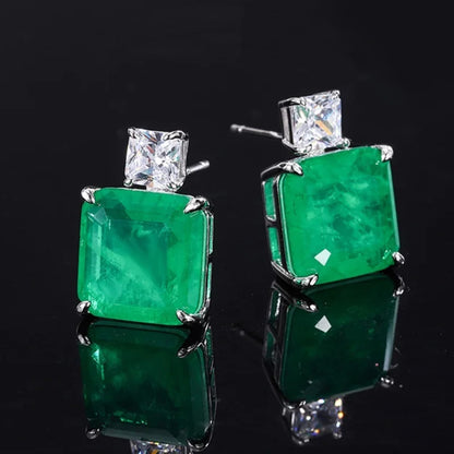 Vintage Simulated Emerald Square Stud Earrings 10*10mm Gemstone Pendant Necklace Silver 925 Plated Copper Women's  Jewelry Gift