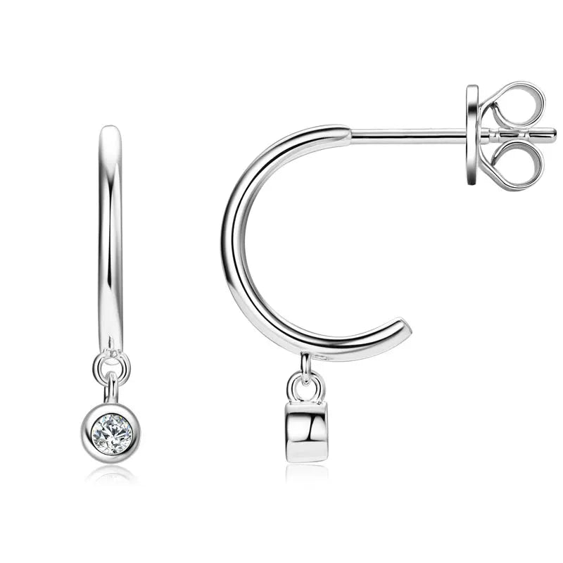 Bezel 2mm Moissanite Drop Studs Earrings 925 Silver C-shaped Earrings Cuff for Women Girl Simple Daily Ear Jewelry Gifts