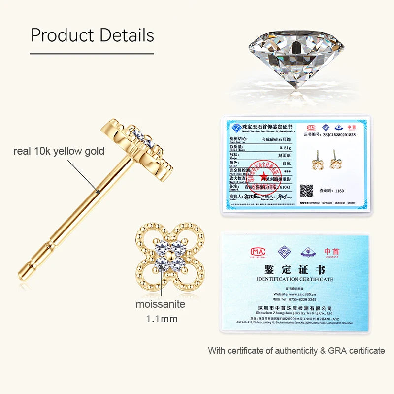 2025 New Solid 10K Gold Clover Flower Moissanite Studs Earrings Mini Piercing Ear Earrings GRA Certified Jewelry for Women Gift