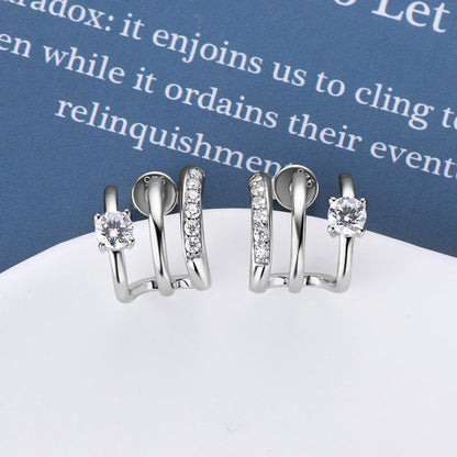 Triple Side Hoops Earrings Half Open Cuff Real 925 Silver Piercing Ear Moissanite Stud Earrings for Women Korean Jewelry