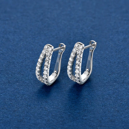 925 Sterling Silver Pavé Moissanite U Shape Hoop Earrings Round Cut 1.5mm(0.015ct*40pcs) Double Row Earring for Girl Women