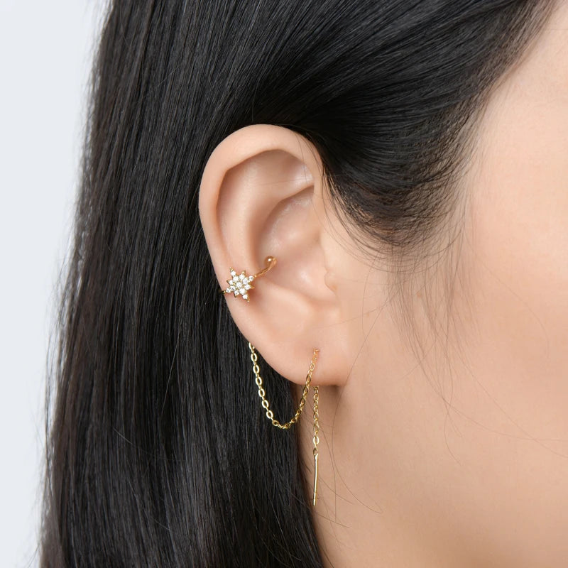 Moissanite Star Ear Line Cuff Crawler Climber Earrings for Women 925 Silver Long Chain Threader Earring GRA Jewelry Gifts