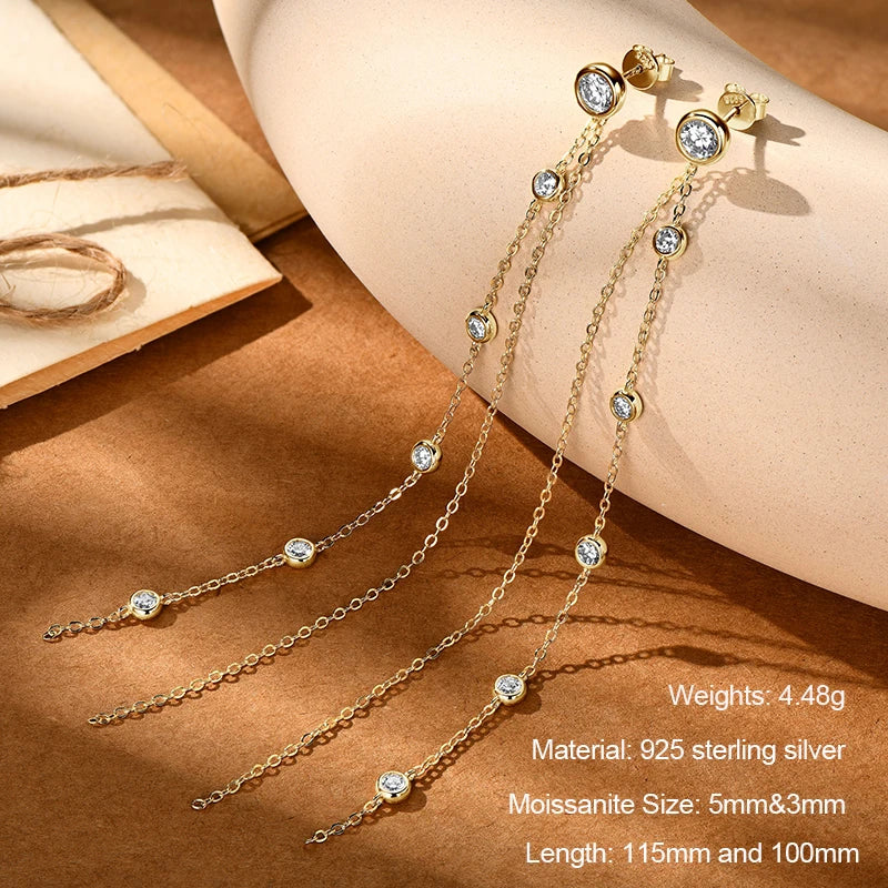 Long Tassel Star Moissanite Pendant Earrings for Women S925 Silver Chain Dangle Drop Earrings Studs GRA Certified Jewelry