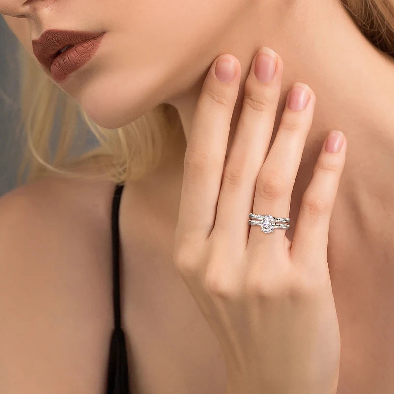 Original 925 Sterling Sliver Bridal Ring Set 2.0 Carat Oval Moissanite Engagement Wedding Promise Bands Jewelry for Women