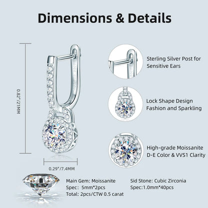 2024 Luxury Women's Hoop Earrings Real Silver 925 5mm Round Moissanite Drop Earrings Wedding Fine Jewelry Party Valentine Gift
