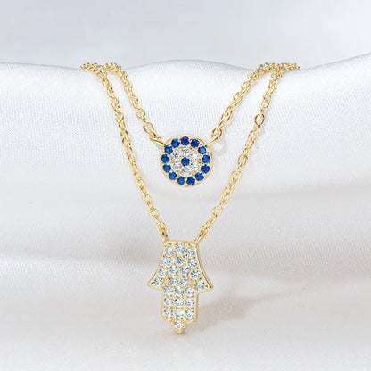 Devil's Eye & Fatima Hamsa Hand Pendant Double Chain Necklace Silver 925 Zircon Boho Protection Choker Women Charm Jewelry