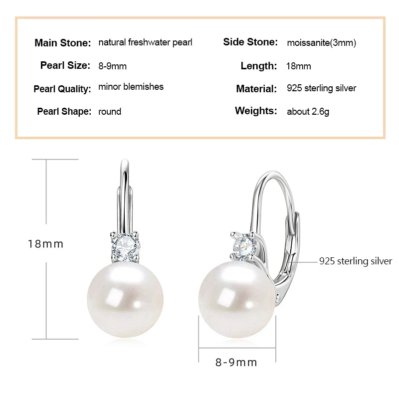 925 Sterling Silver 8-9mm Natural Freshwater Pearl and 3mm Moissanite Hoop Drop Earrings Wedding Fine Jewelry for Women