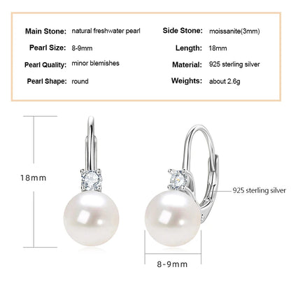 925 Sterling Silver 8-9mm Natural Freshwater Pearl and 3mm Moissanite Hoop Drop Earrings Wedding Fine Jewelry for Women