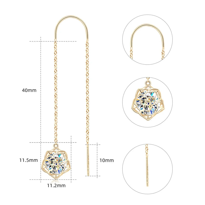 Elegant Drop Ear Line Long Hanging Tassel Earrings for Women 925 Sterling Silver Rose Flower Certified Moissanite Jewelry