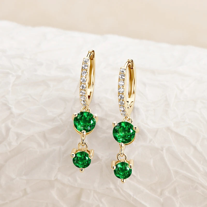 Emerald Cut Gemstone Drop Hoop Earrings for Women 925 Sterling Silver 14K Gold Plated Green Marqusie Round Cut CZ Stud Earrings