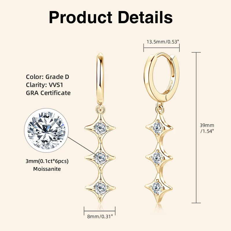 Original D0.30CT Star Moissanite Long Drop Earrings for Women Hoops 925 Silver Cute Wedding Jewelry with GRA Certificate