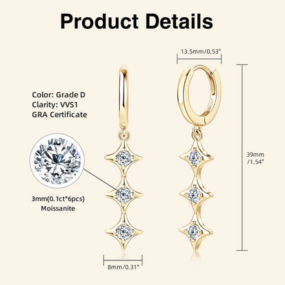 Original D0.30CT Star Moissanite Long Drop Earrings for Women Hoops 925 Silver Cute Wedding Jewelry with GRA Certificate