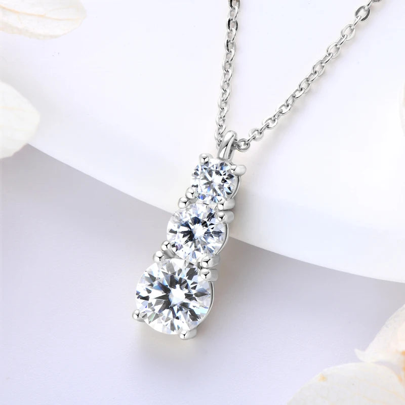 925 Silver Women's Necklace 1.80CTW.3 Stones D Color Round Moissanite Pendant Necklaces with Certificate Jewelry 18K Gold Plated