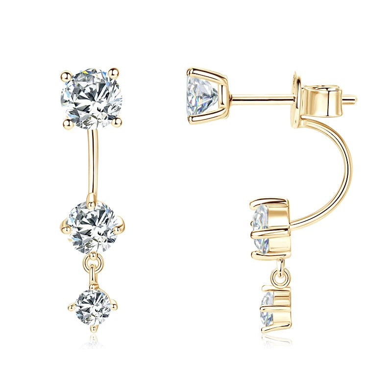 2.0cttw Moissanite Stud Earrings Jacket Real 925 Silver Plated Gold 3 Stones Drop Earrings for Women Jewelry 2025 New Gift