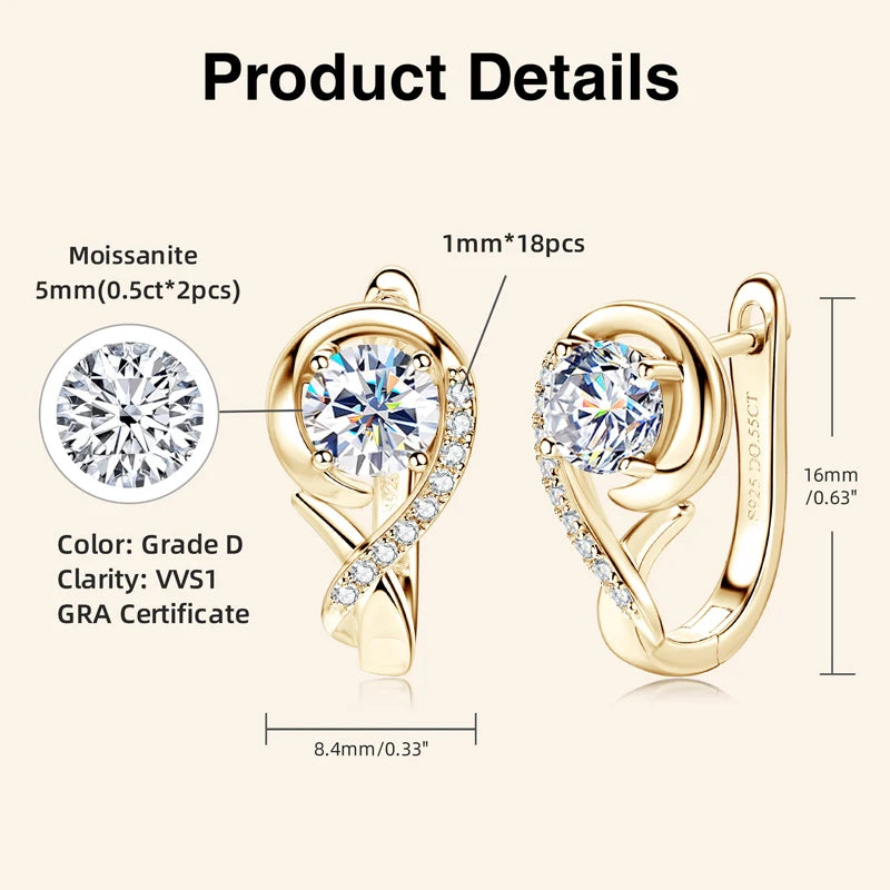 5mm 0.5ct D Moissanite Infinity Hoop Huggie Earrings for Women 925 Silver 18K Gold Plated Earrings Wedding Daily Jewelry