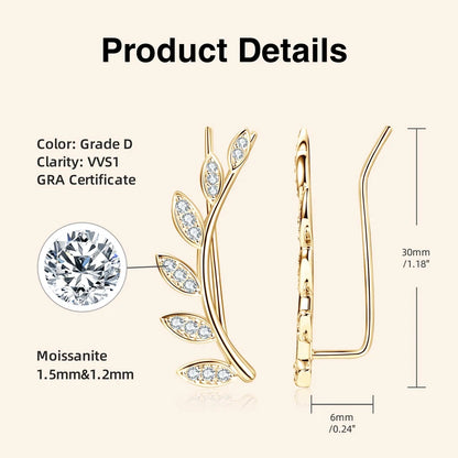 0.44CTTW. Moissanite Earrings Climber for Women 925 Silver Fashion Leaf Shaped Stud Earrings Crawler Fine Jewelry Gifts
