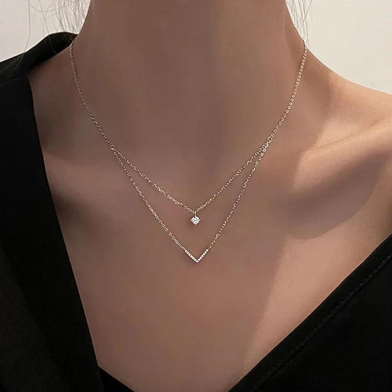 V Letter 5mm Moissanite Pendant Double Layer Necklace for Women 925 Sterling Silver Chain Clavicle 2025 New Jewelry Gifts