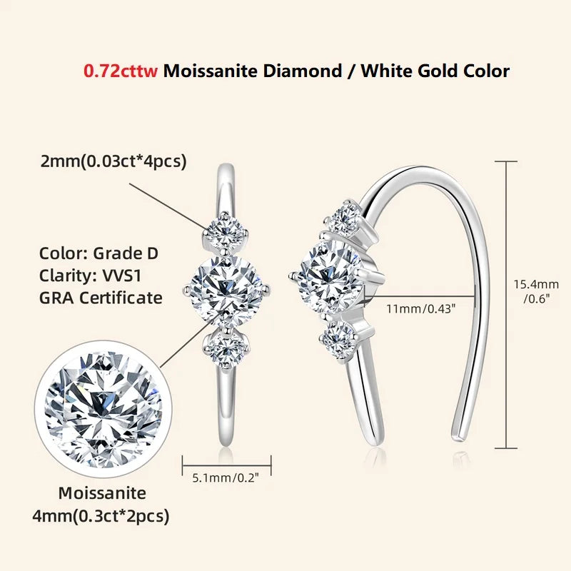 U shaped 3 Stone D0.72CT Moissanite Earrings Silver 925 Piercing Open Hoop Earrings for Women Certified Wedding Jewelry