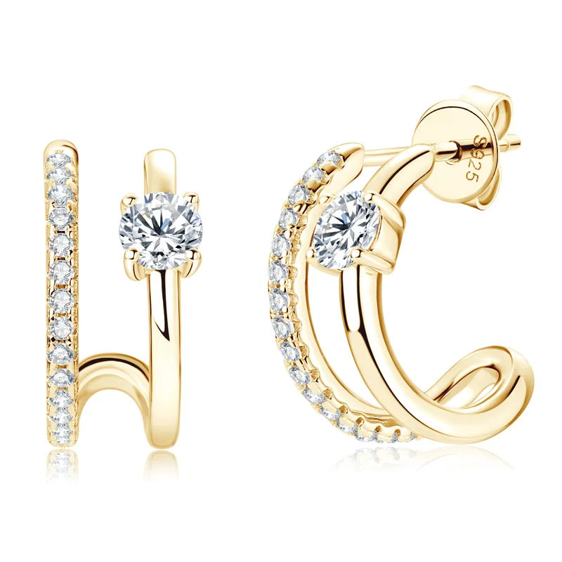 NEW 4mm Moissanite Piercing Stud Ear Cuffs 925 Sterling Silver Double Side Hoop Earrings for Women Illusion Jewelry Gifts