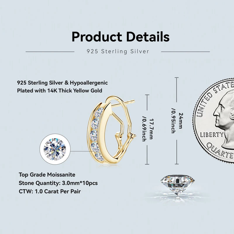 3mm 1.0CTW. Moissanite Hoop Earrings for Women 2024 18k Gold Plated 925 Silver Clip Earrings Trendy Wedding Christmas Gift