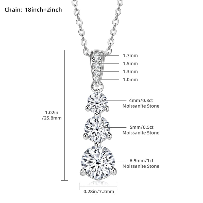 925 Silver D1.85CT Moissanite Necklace Certified Gradual Three Stone Pendant Collar Wedding Anniversary Jewelry Gift for Women