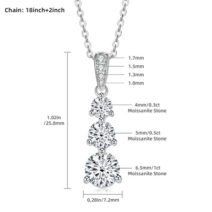 925 Silver D1.85CT Moissanite Necklace Certified Gradual Three Stone Pendant Collar Wedding Anniversary Jewelry Gift for Women