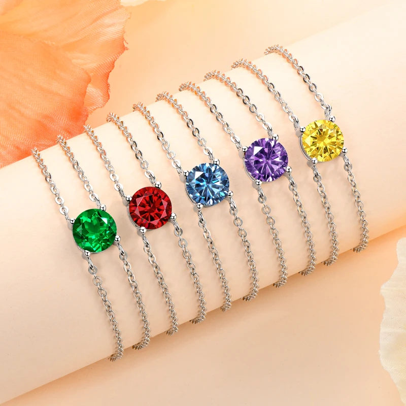 Colorful 12 Birthstone Bracelet for Women Real 925 Silver Chain 6.5mm Lab Diamond Moissanite Zircon Birthday Charm Jewelry Gift