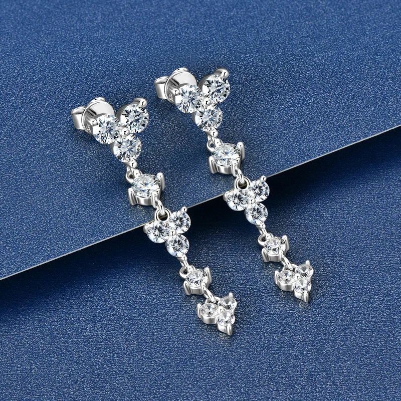 Real 925 Silver 4mm D Color Moissanite Long Drop Earrings Piercing Studs Wedding Party Fine Jewelry for Women 2024 Trend Gift