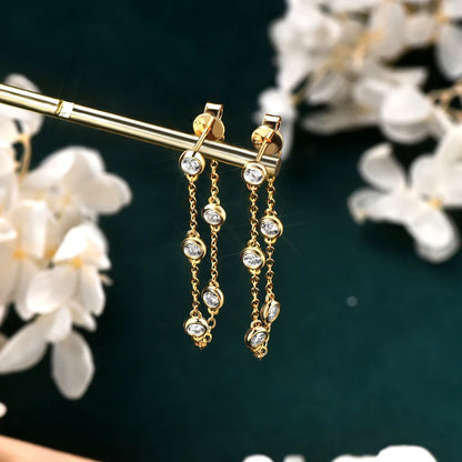 925 Sterling Silver Earrings Bezel Moissanite Long Tassel Chain Drop Earring for Women Trendy Fine Jewelry Christmas Gifts