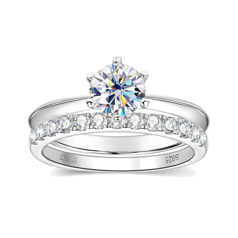 Classic 1.0ct D Moissanite Wedding Engagement Rings for Women 925 Silver Solitaire Bridal Ring Stackable Half Eternity Band Sets