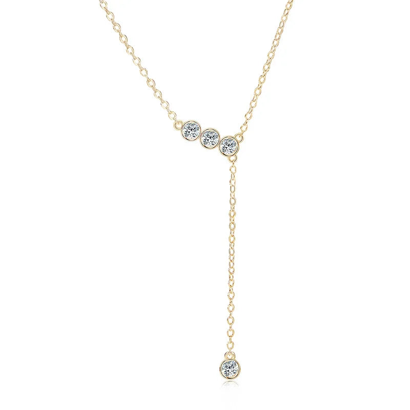 Real 925 Sterling Silver Y Lariat Necklace 2024 3mm Bezel Round Moissanite Pendant Necklaces for Women Wedding Party Jewel