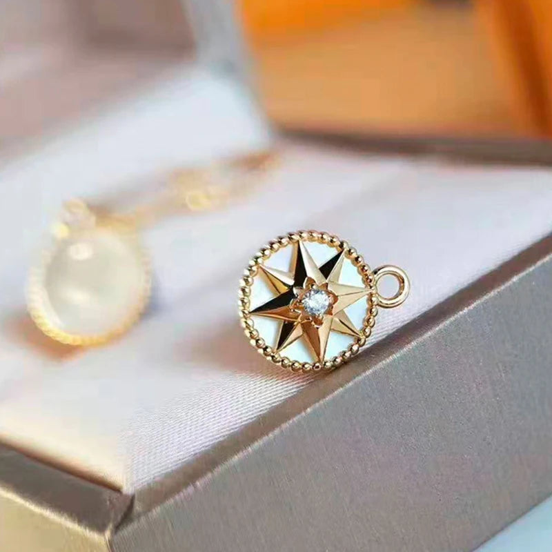 Personality White Fritillary Compass Pendant Necklace Piercing Earrings Gold Plated 925 Sterling Silver Gift Women Jewelry