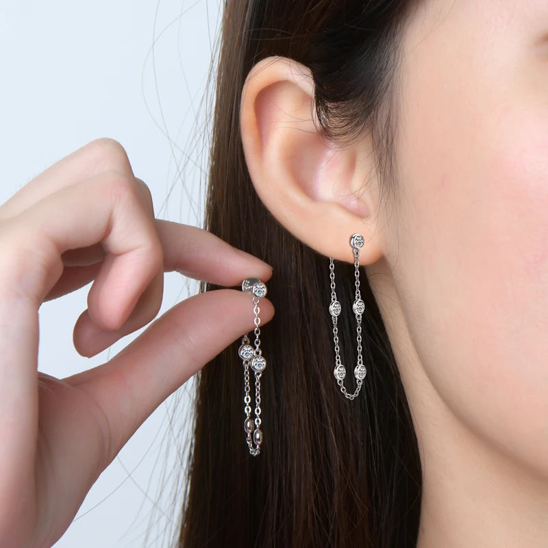 925 Sterling Silver Earrings Bezel Moissanite Long Tassel Chain Drop Earring for Women Trendy Fine Jewelry Christmas Gifts
