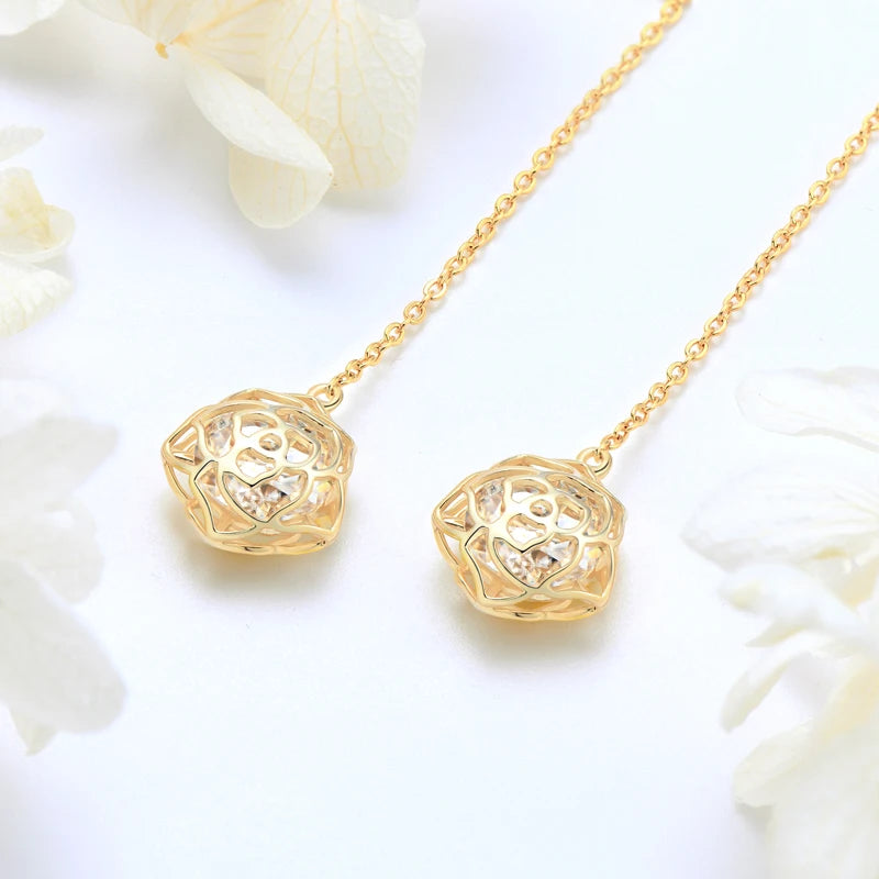 Elegant Drop Ear Line Long Hanging Tassel Earrings for Women 925 Sterling Silver Rose Flower Certified Moissanite Jewelry