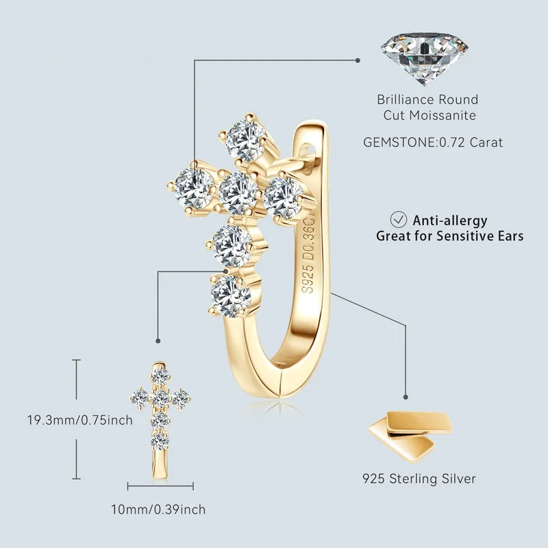 Cross Hoop Earrings 925 Silver 2.5mm Moissanite Huggie Earrings for Women Men Certified Faith Charm Jewelry Wedding Party Gift