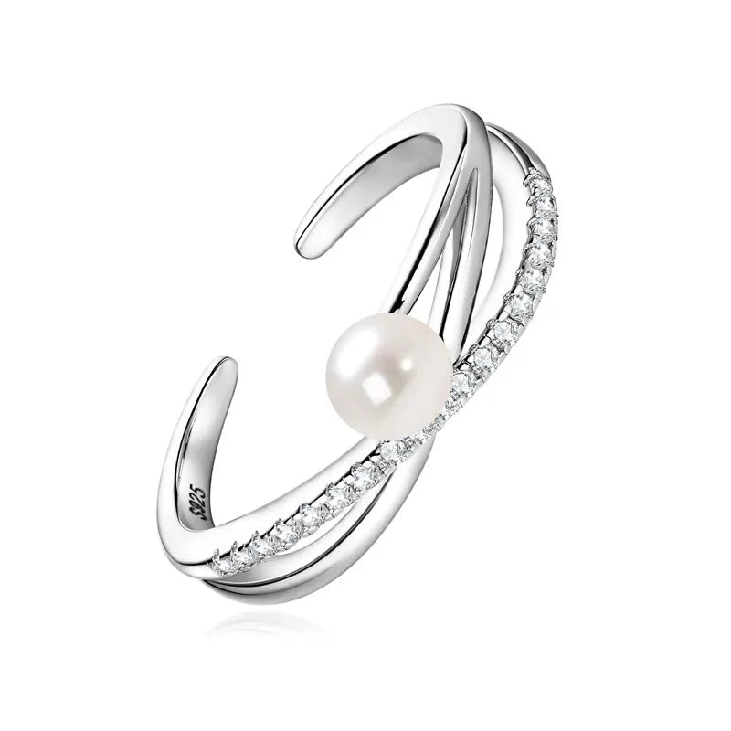 925 Sterling Silver Cross Ring 4-4.5mm Natural Freshwater Pearl Rings for Women Fashion adjustable Open Finger Band Jewel