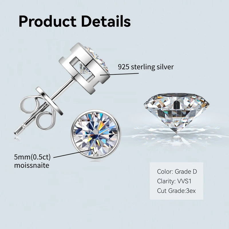 Bezel 5mm 6.5mm 1CT D Color Moissanite Earrings 925 Sterling Silver Plated K Gold Earrings for Men Women Gift Valentine's