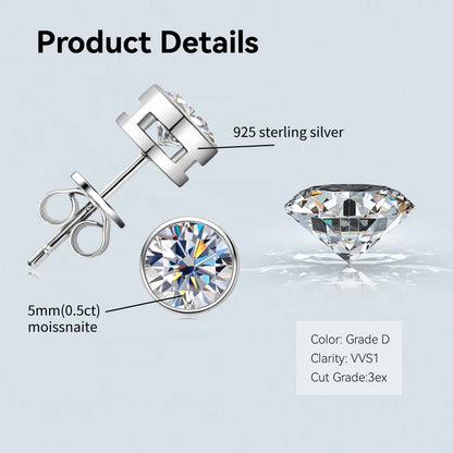 Bezel 5mm 6.5mm 1CT D Color Moissanite Earrings 925 Sterling Silver Plated K Gold Earrings for Men Women Gift Valentine's