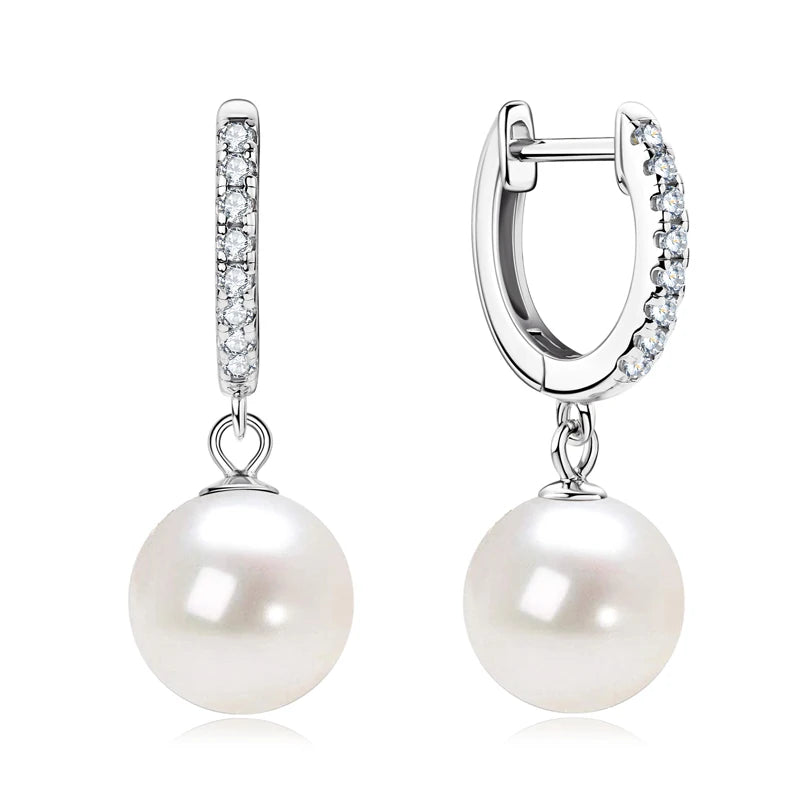 Genuine 925 Sterling Silver Moissanite Hoop Earrings 9-10mm Freshwater Pearl Drop Earring Wedding Jewelry for Women Gifts